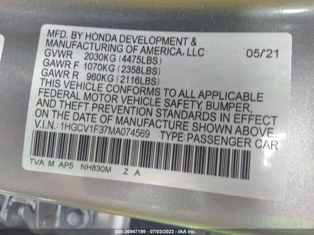 2021 HONDA ACCORD SEDAN SPORT VIN: 1HGCV1F37MA074569