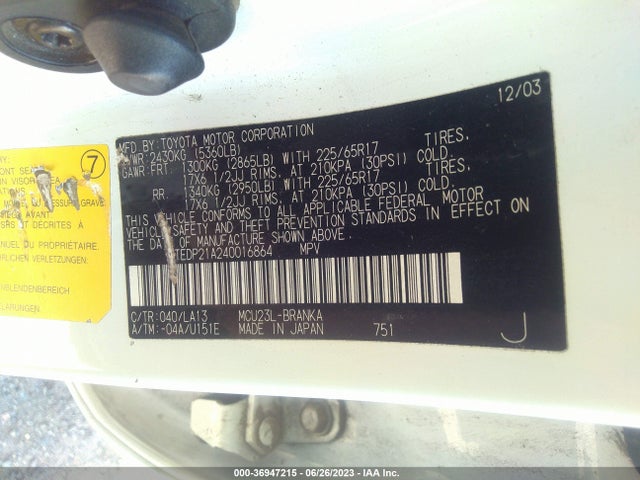 2004 TOYOTA HIGHLANDER VIN: JTEDP21A240016864