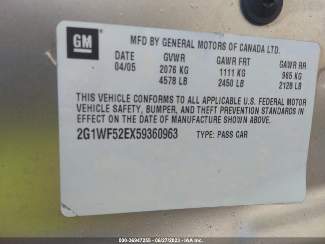 2005 CHEVROLET IMPALA BASE VIN: 2G1WF52EX59360963
