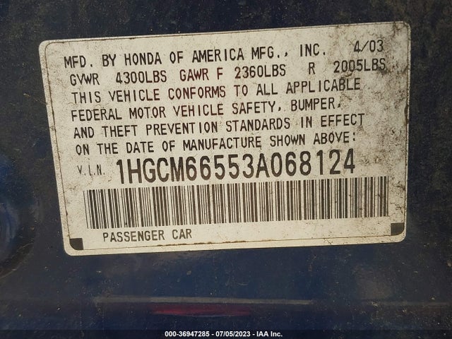 2003 HONDA ACCORD SDN EX VIN: 1HGCM66553A068124
