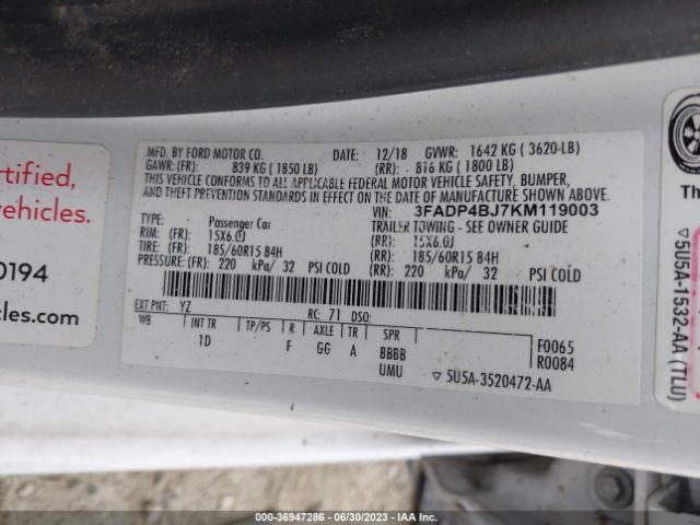 3FADP4BJ7KM119003 Ford FIESTA SE