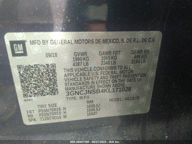 Chevrolet TRAX LS 2019 3GNCJNSB4KL171028 Image 9
