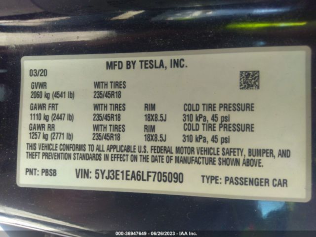 5YJ3E1EA6LF705090 Tesla Model 3 Standard Range