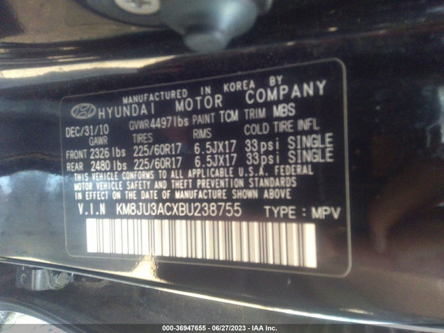 2011 HYUNDAI TUCSON GLS PZEV VIN: KM8JU3ACXBU238755