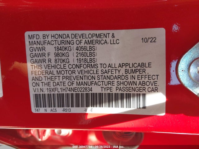 Honda Civic Hatchback Ex-l 2022 19XFL1H74NE022834 Image 15
