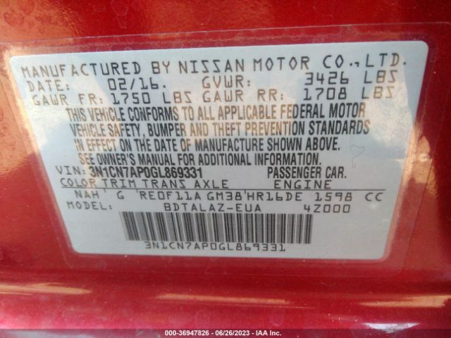 3N1CN7AP0GL869331 Nissan Versa S Plus