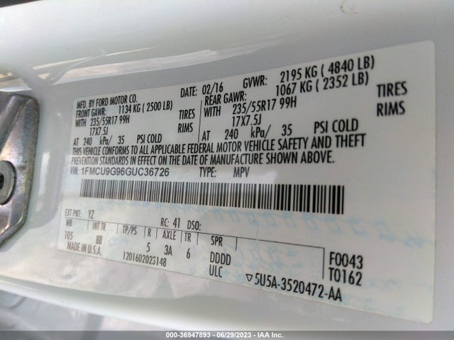 2016 FORD ESCAPE SE VIN: 1FMCU9G96GUC36726