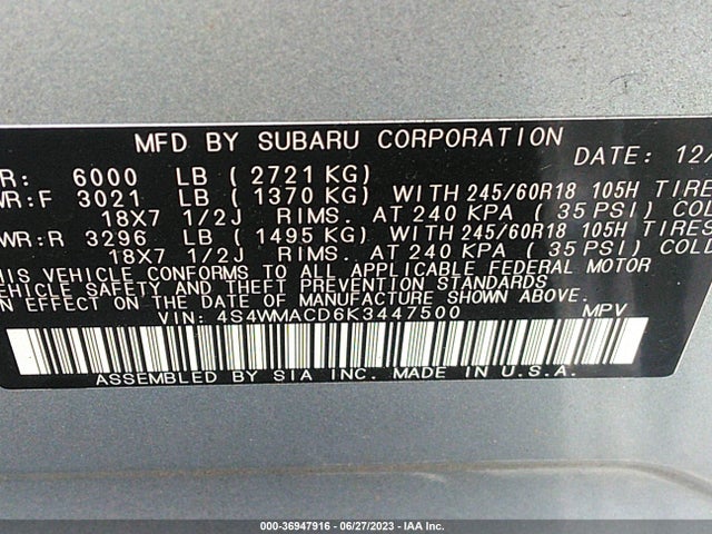 4S4WMACD6K3447500 Subaru Ascent Premium