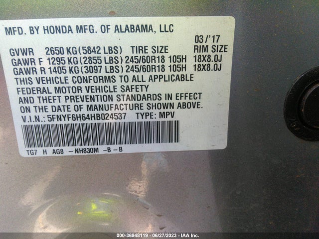 Honda Pilot Ex-l 2017 5FNYF6H64HB024537 Image 9