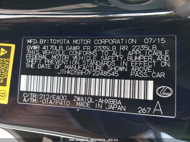 JTHKD5BH7F2248545 Lexus Ct 200h Hybrid