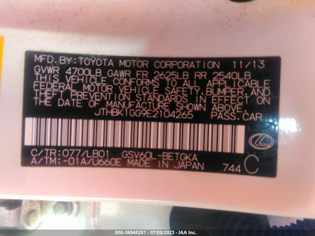 JTHBK1GG9E2104265 Lexus ES 350