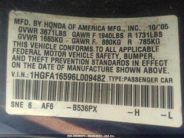 2006 HONDA CIVIC SDN LX VIN: 1HGFA16596L009482