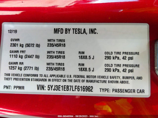 Tesla Model 3 Long Range 2020 5YJ3E1EB7LF616962 Image 9