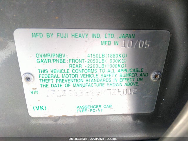 2006 SUBARU FORESTER 2.5 X VIN: JF1SG63646H736012