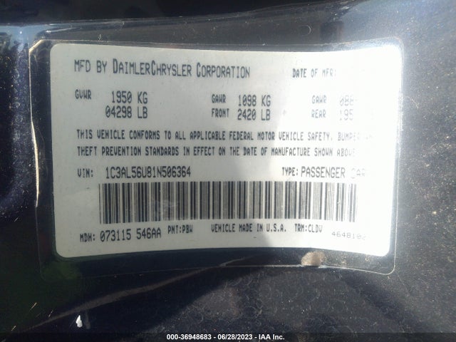 2001 CHRYSLER SEBRING LXI VIN: 1C3AL56U81N506364
