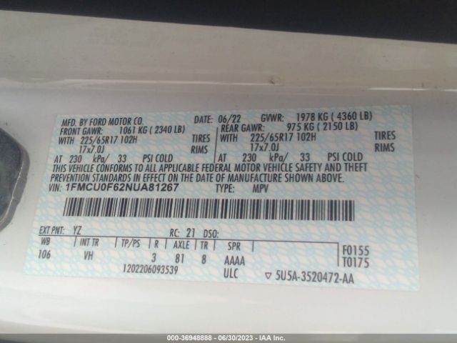 1FMCU0F62NUA81267 Ford ESCAPE S