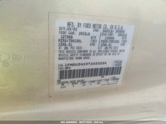 1996 FORD EXPLORER VIN: 1FMDU34X0TZA03054