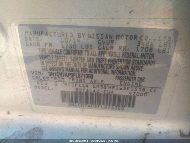 3N1CN7AP5FL871350 Nissan Versa S Plus