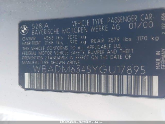 2000 BMW 5 SERIES 528IA VIN: WBADM6345YGU17895