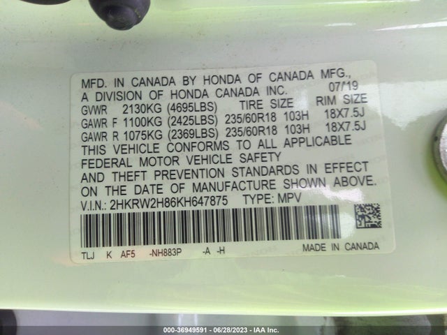 Honda Cr-v Ex-l 2019 2HKRW2H86KH647875 Image 9