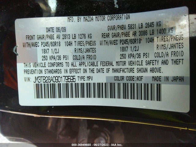 2009 MAZDA CX-9 SPORT VIN: JM3TB28A090179595