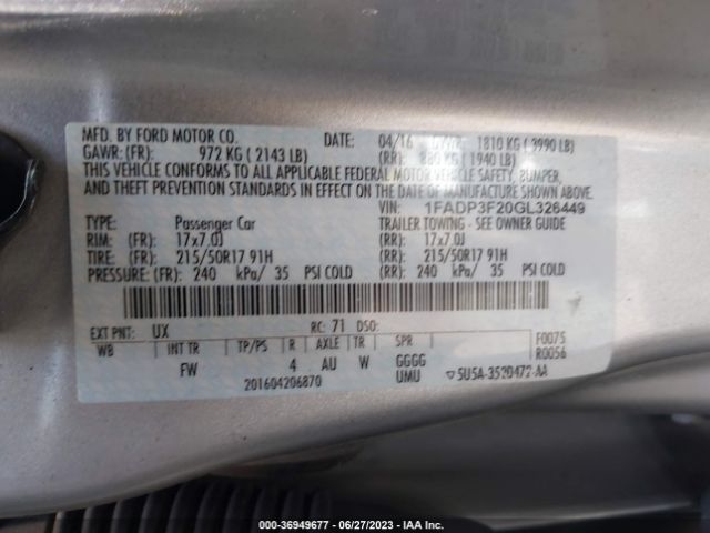 1FADP3F20GL326449 Ford FOCUS SE