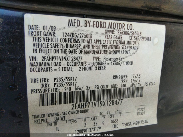 2009 FORD POLICE INTERCEPTOR VIN: 2FAHP71V19X128477