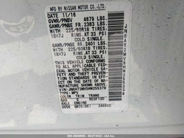 JN8AT2MV5HW255379 Nissan Rogue Sl