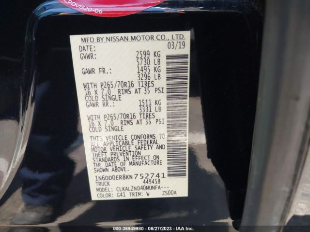1N6DD0ER8KN752741 Nissan Frontier Sv