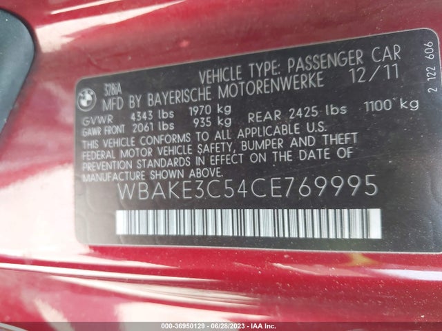 2012 BMW 3 SERIES 328I VIN: WBAKE3C54CE769995