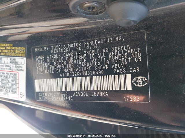 2004 TOYOTA CAMRY LE/SE/XLE/STD VIN: 4T1BE32K74U326690