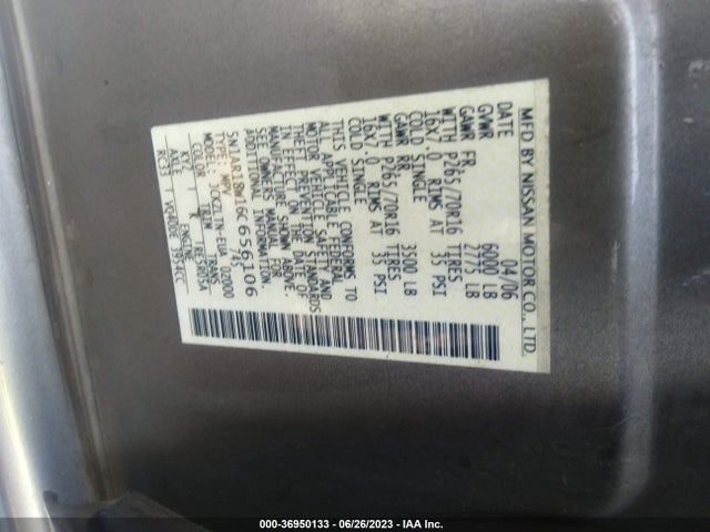 2006 NISSAN PATHFINDER SE VIN: 5N1AR18W16C656106