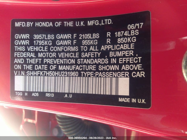 Honda Civic Hatchback Ex 2017 SHHFK7H50HU231960 Image 16