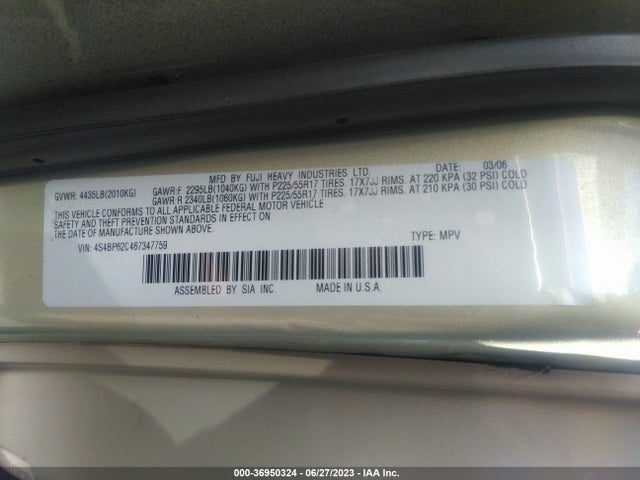 2006 SUBARU LEGACY WAGON OUTBACK 2.5I LTD VIN: 4S4BP62C467347759