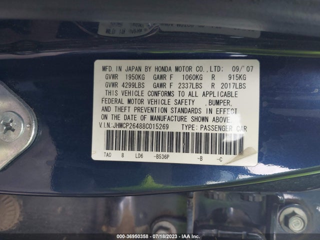 2008 HONDA ACCORD SDN LX-P VIN: JHMCP26488C015269