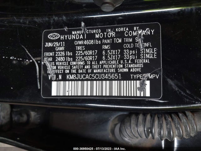 2012 HYUNDAI TUCSON GLS PZEV VIN: KM8JUCAC5CU345651