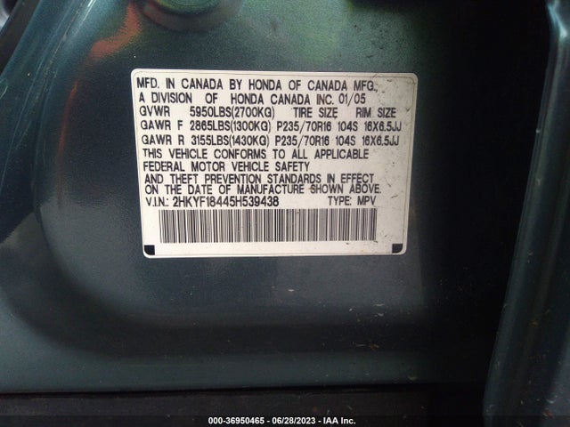 2005 HONDA PILOT EX VIN: 2HKYF18445H539438