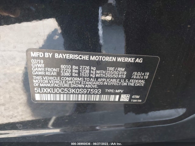 2019 BMW X6, VIN: 5UXKU0C53K0S97593