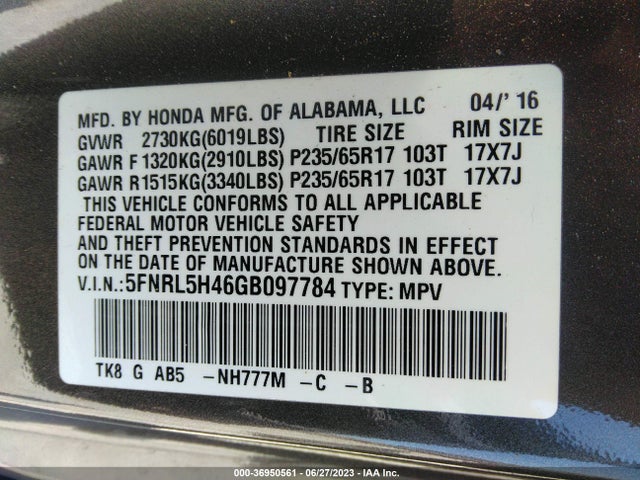 Honda ODYSSEY EX 2016 5FNRL5H46GB097784 Image 15