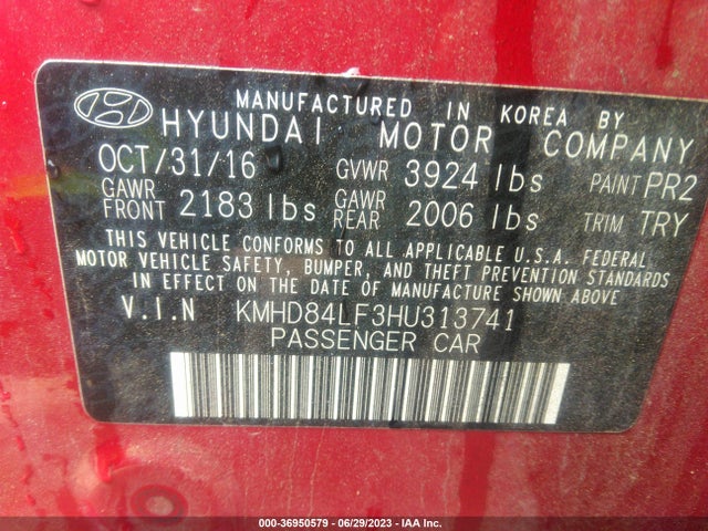 2017 HYUNDAI ELANTRA LIMITED VIN: KMHD84LF3HU313741