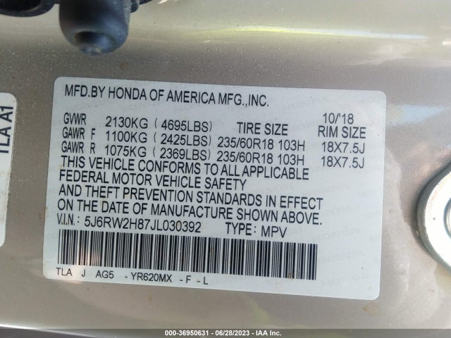 Honda Cr-v Ex-l 2018 5J6RW2H87JL030392 Image 9