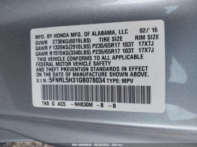 Honda ODYSSEY SE 2016 5FNRL5H31GB078034 Image 9