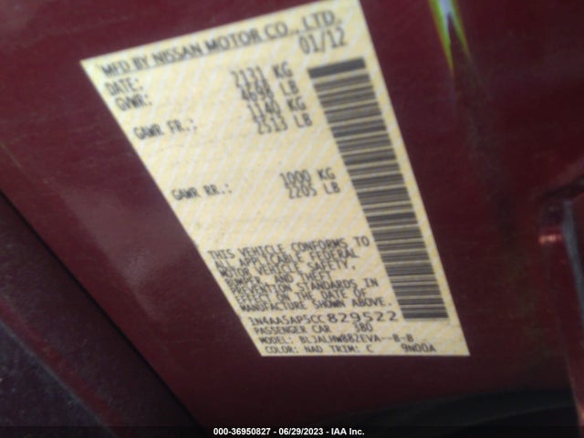 2012 NISSAN MAXIMA 3.5 SV W/PREMIUM PKG VIN: 1N4AA5AP5CC829522