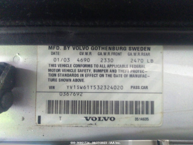2003 VOLVO V70 2.4L VIN: YV1SW61T532324020
