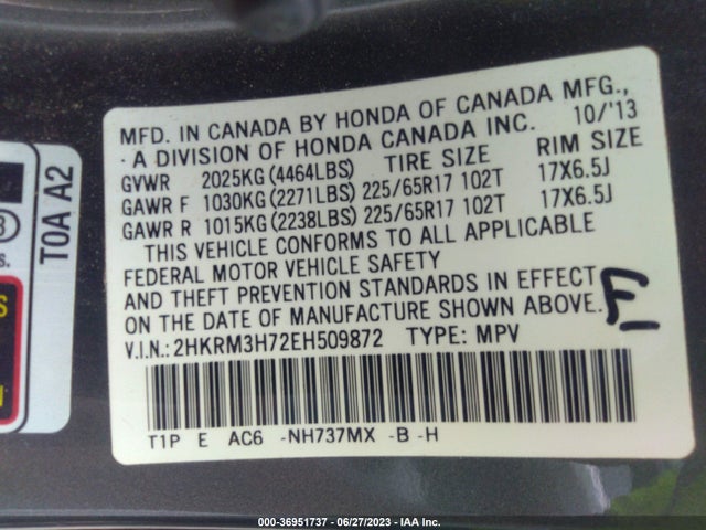 2014 HONDA CR-V EX-L VIN: 2HKRM3H72EH509872