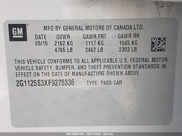 2015 CHEVROLET IMPALA LT VIN: 2G1125S3XF9275336