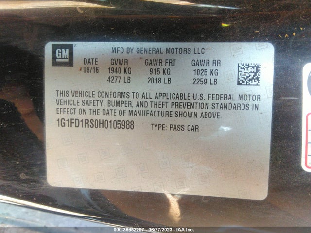 2017 CHEVROLET CAMARO 2LT VIN: 1G1FD1RS0H0105988