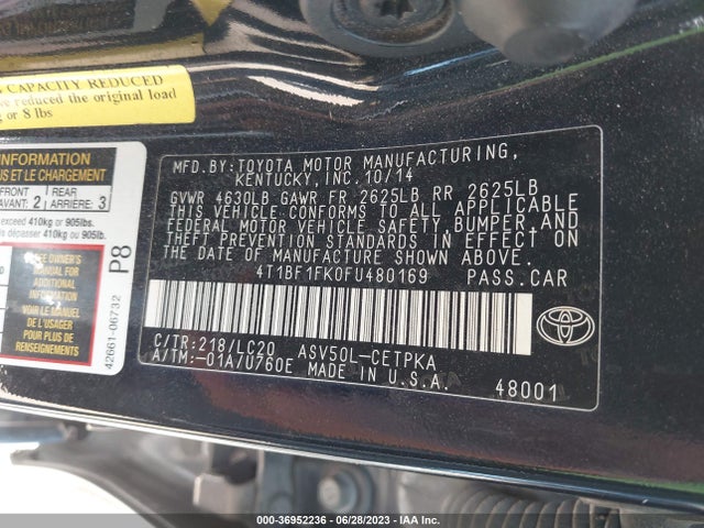 2015 TOYOTA CAMRY XLE/SE/LE/XSE VIN: 4T1BF1FK0FU480169