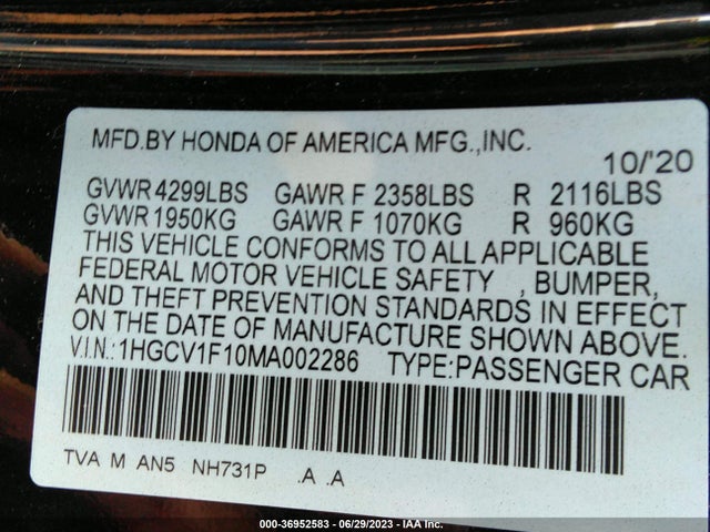 2021 HONDA ACCORD SEDAN LX VIN: 1HGCV1F10MA002286