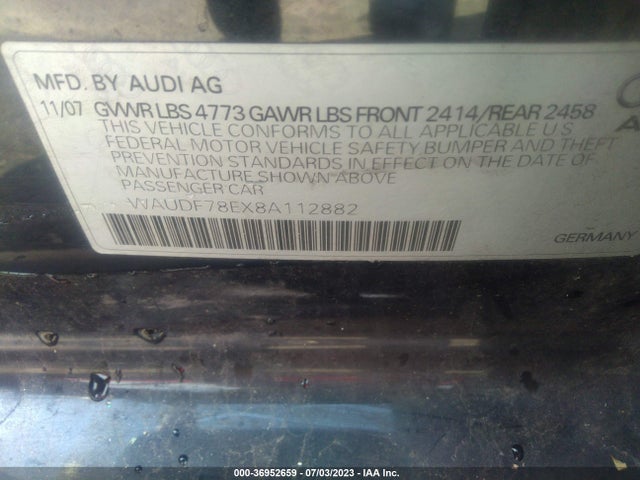 2008 AUDI A4 2.0T VIN: WAUDF78EX8A112882